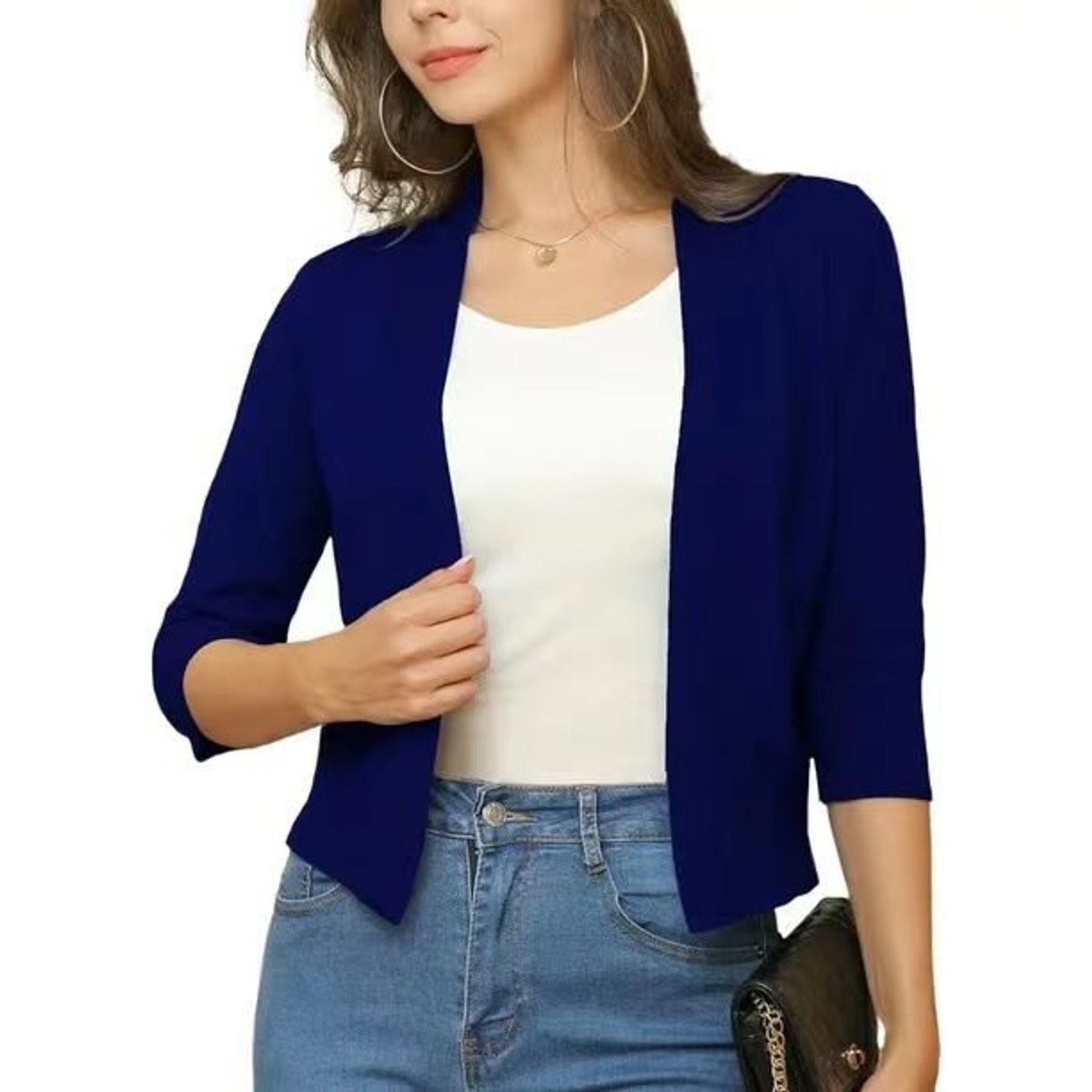Women's Cropped Open Front Three-Quarter Sleeve Cardigan - Mondsee Blue
