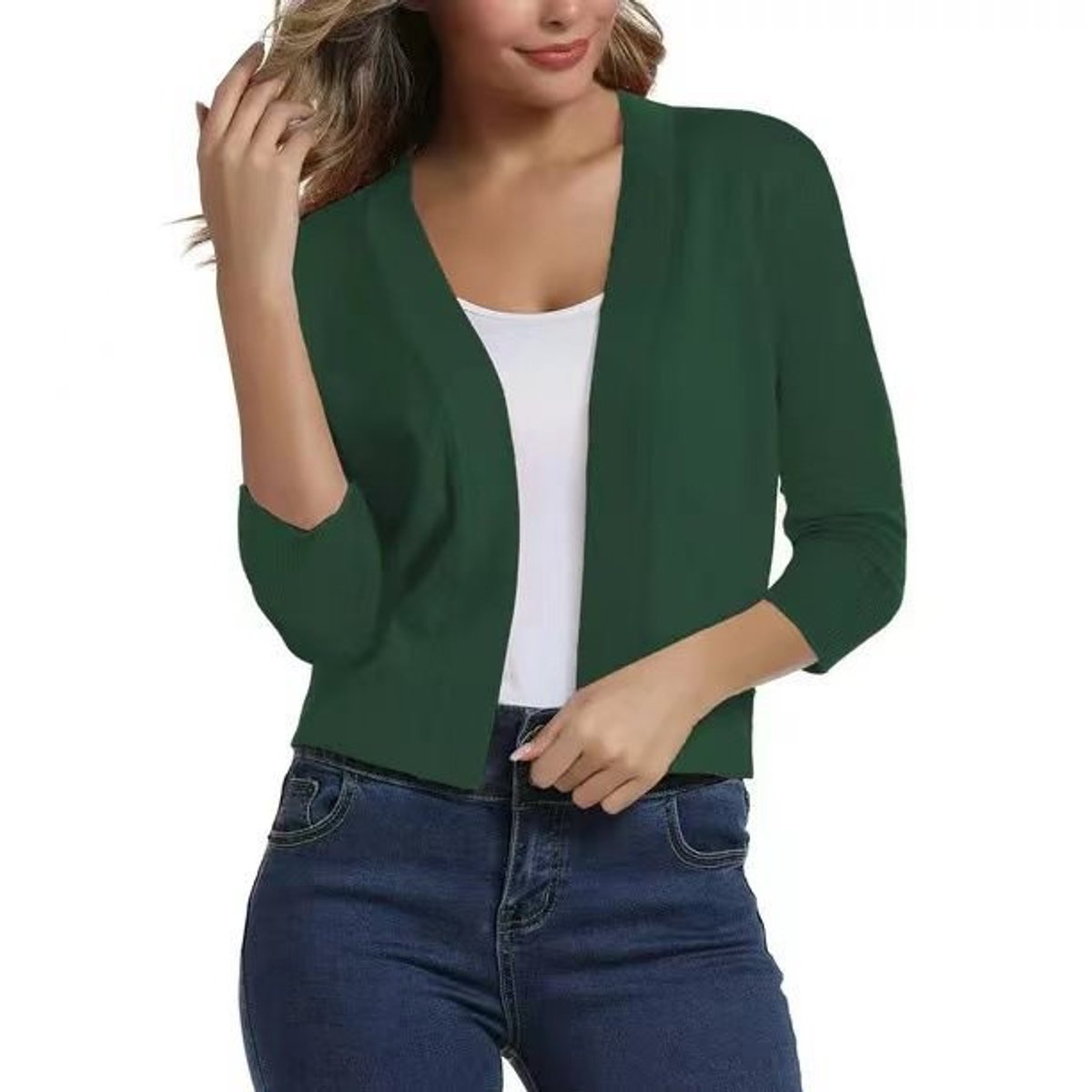 Women's Cropped Open Front Three-Quarter Sleeve Cardigan - Wood Green