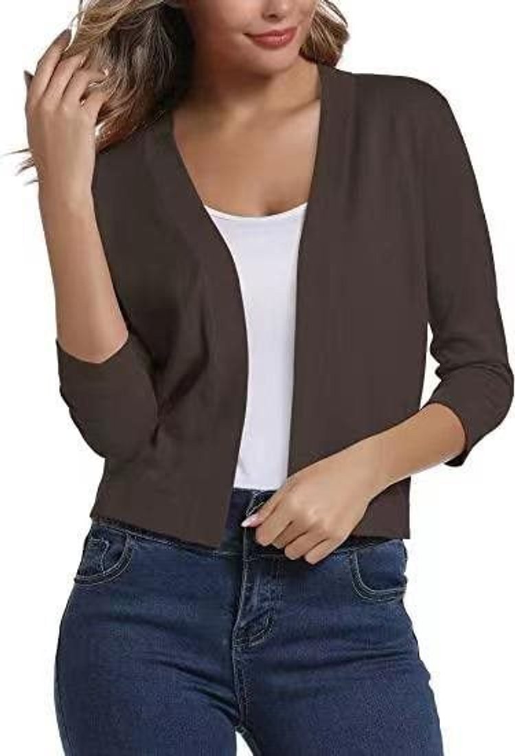Women's Cropped Open Front Three-Quarter Sleeve Cardigan - Brown