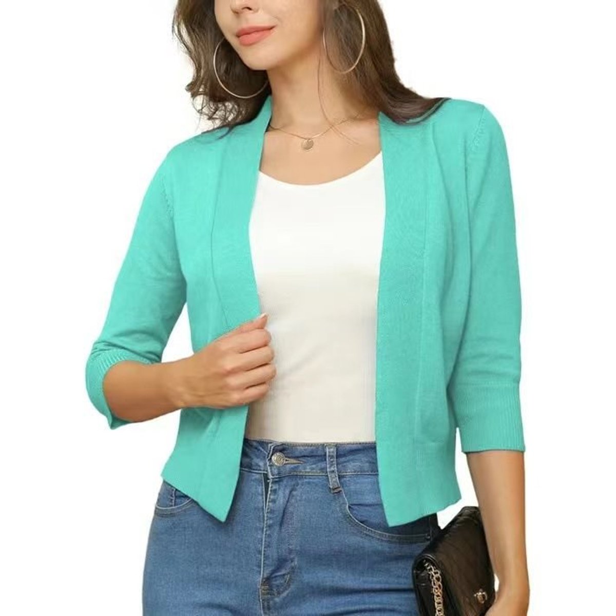 Women's Cropped Open Front Three-Quarter Sleeve Cardigan - Deep Navy Blue