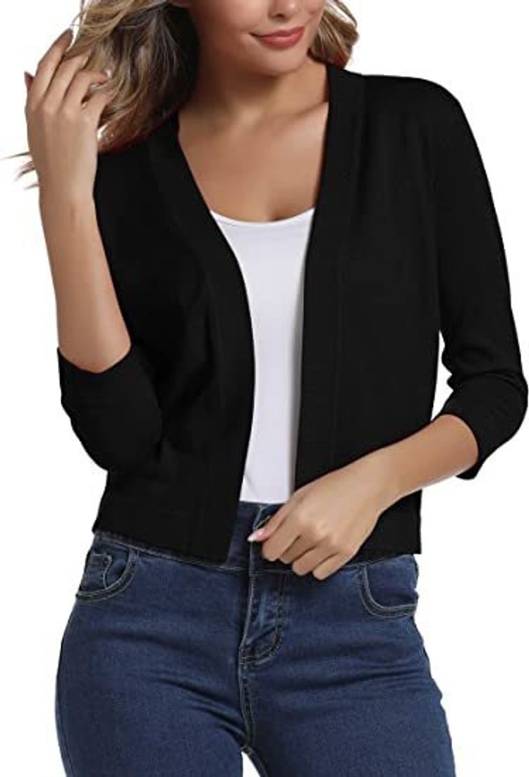 Women's Cropped Open Front Three-Quarter Sleeve Cardigan - Black