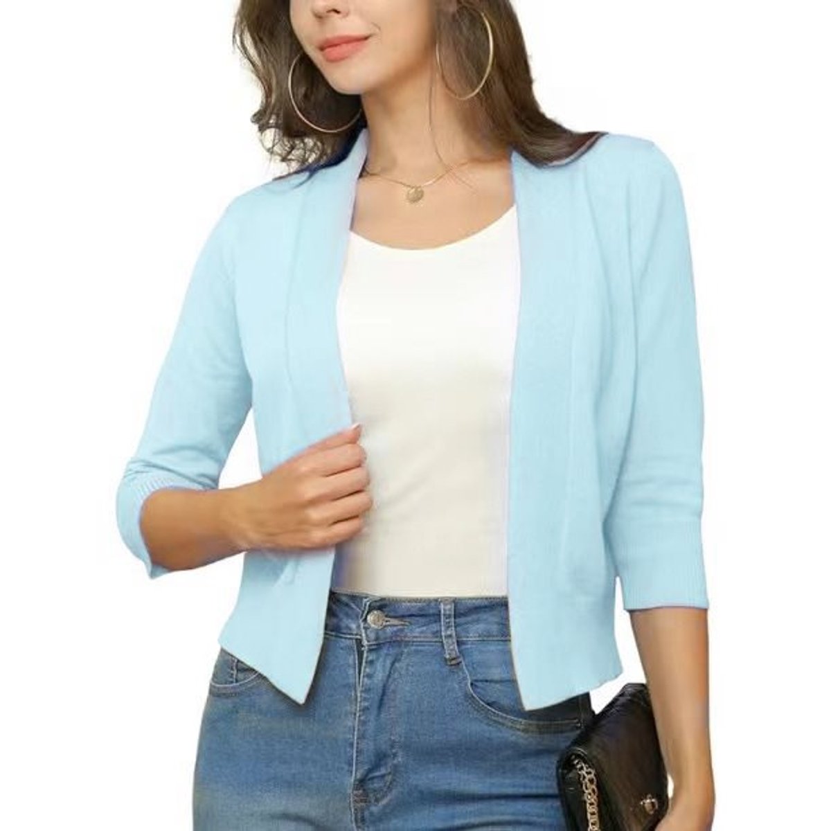 Women's Cropped Open Front Three-Quarter Sleeve Cardigan - Pale Blue