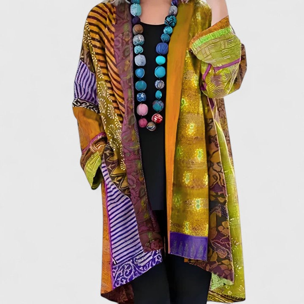 Women's Open-Front Patchwork Print Long Cardigan - Pink