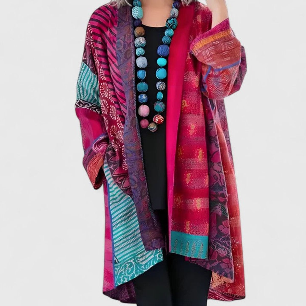 Women's Open-Front Patchwork Print Long Cardigan - Yellow
