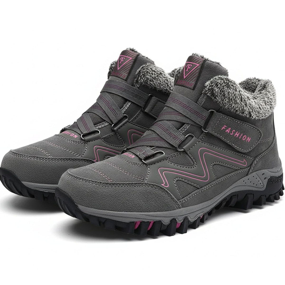 Women's Orthopedic Faux Fur Lace-Up Winter Sneaker Boots - Gray Pink