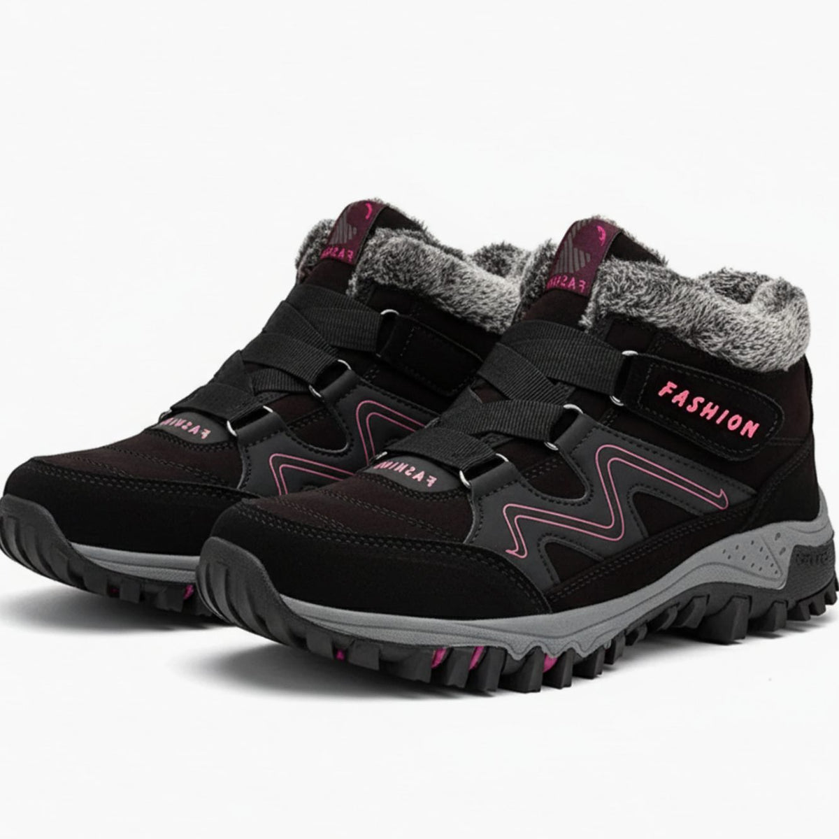 Women's Orthopedic Faux Fur Lace-Up Winter Sneaker Boots - Black Pink
