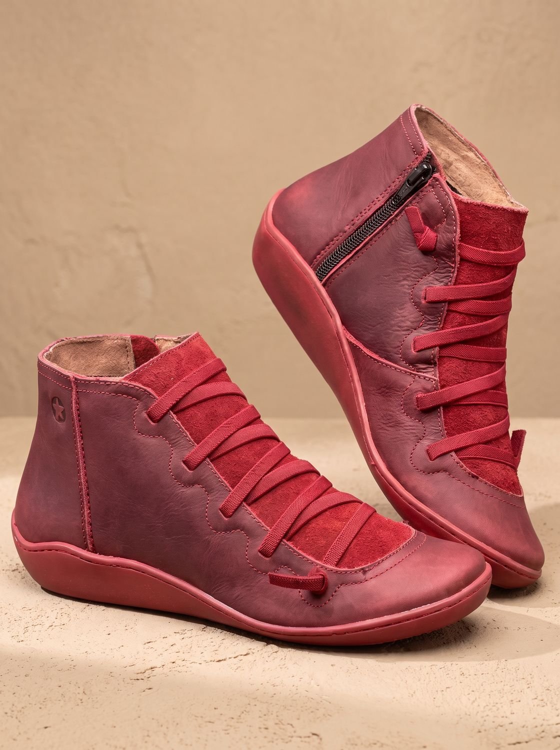Women's Arch Support Lace-Up Wedge Ankle Booties - Red