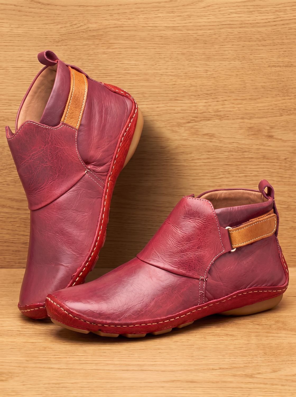Women's Slip-On Flat Ankle Booties with Buckle Strap - Red