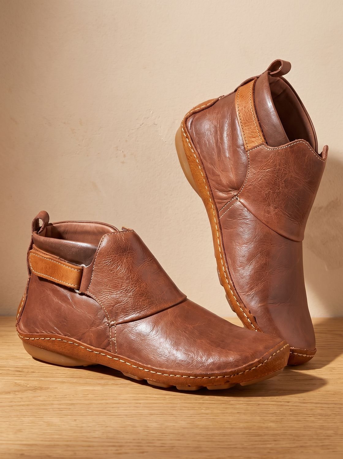 Women's Slip-On Flat Ankle Booties with Buckle Strap - Brown