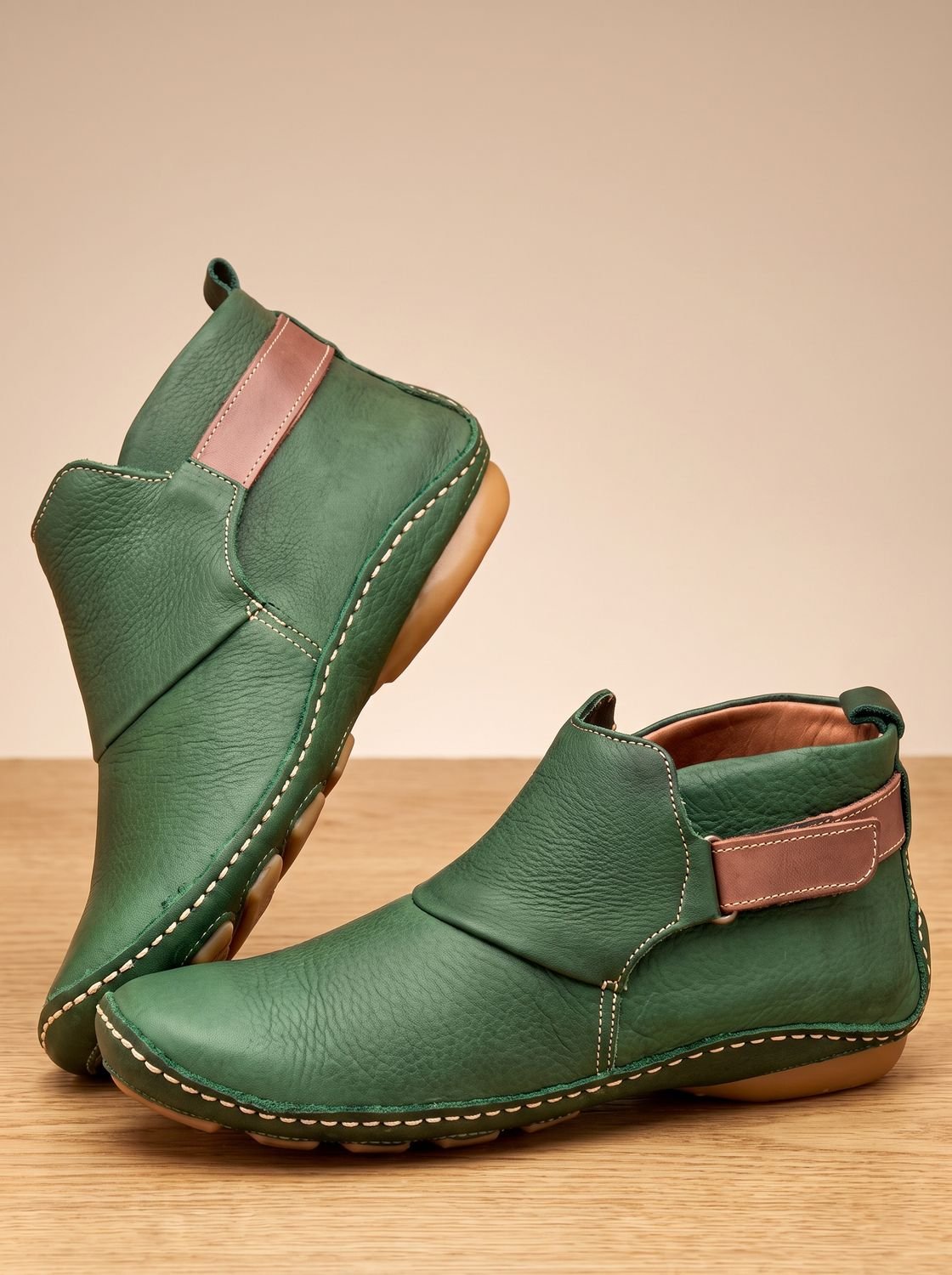 Women's Slip-On Flat Ankle Booties with Buckle Strap - Green