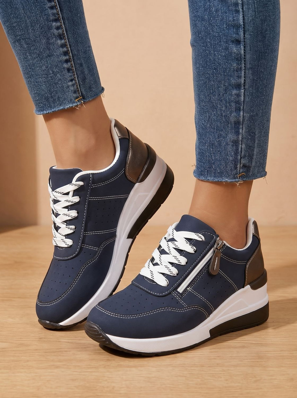 Women's Orthopedic Lace-Up Wedge Sneakers with Side Zip