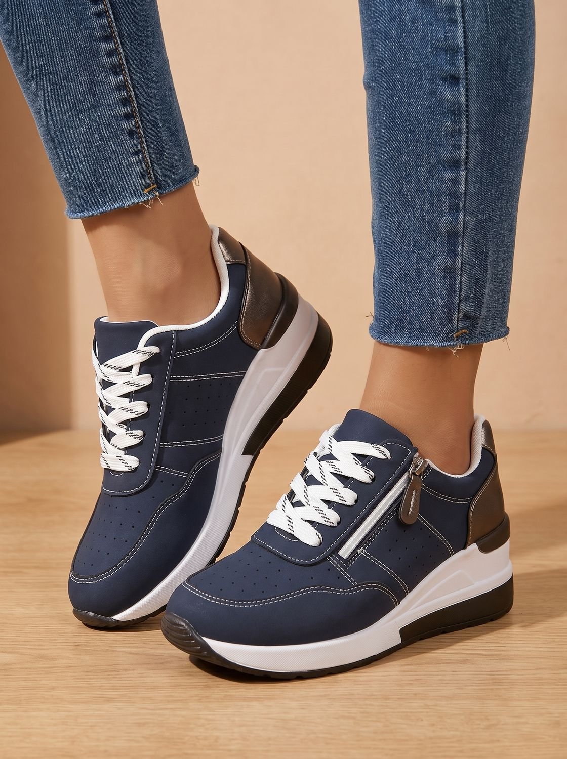 Women's Orthopedic Lace-Up Wedge Sneakers with Side Zip