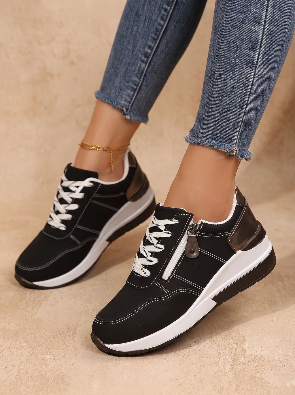 Women's Orthopedic Lace-Up Wedge Sneakers with Side Zip