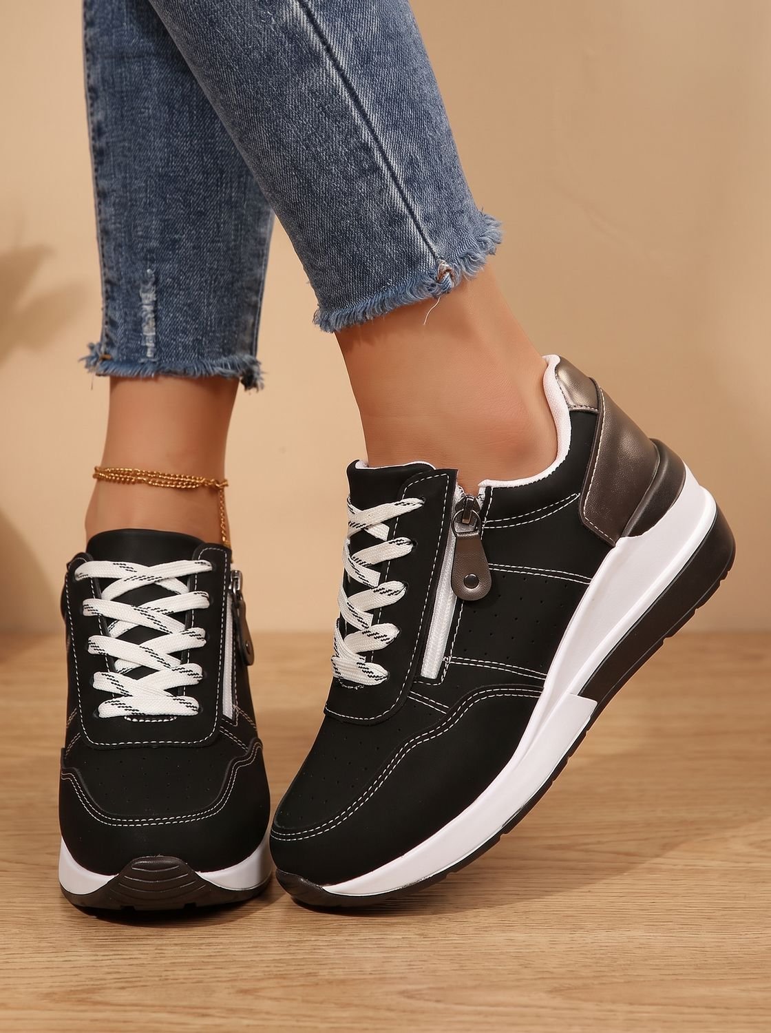 Women's Orthopedic Lace-Up Wedge Sneakers with Side Zip - Black
