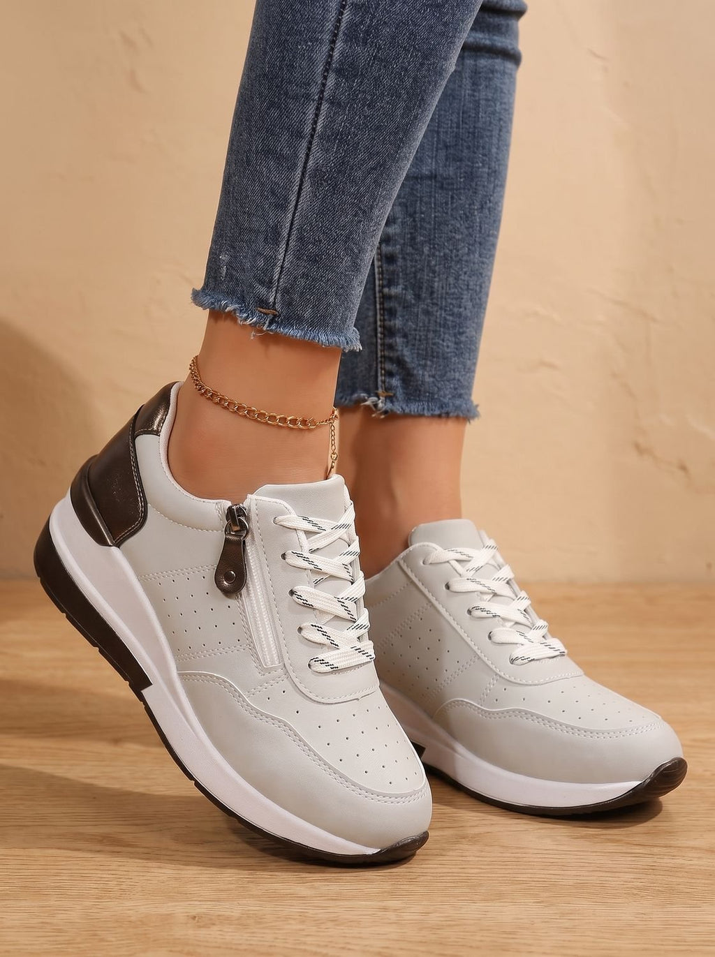 Women's Orthopedic Lace-Up Wedge Sneakers with Side Zip