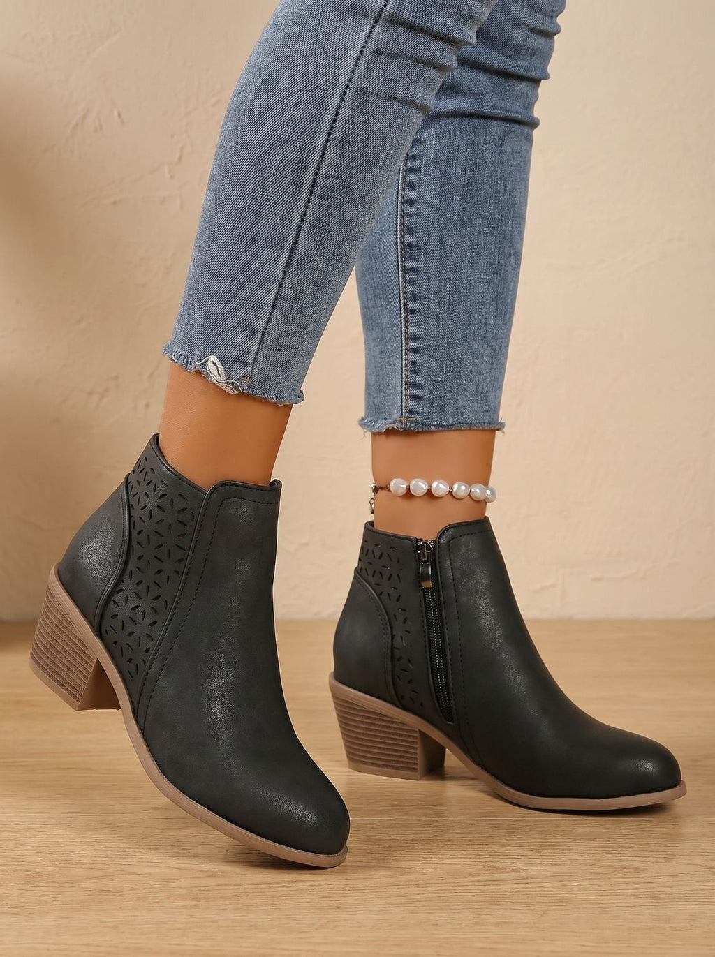 Women's Orthopedic Laser-Cut Floral Block Heel Ankle Boots