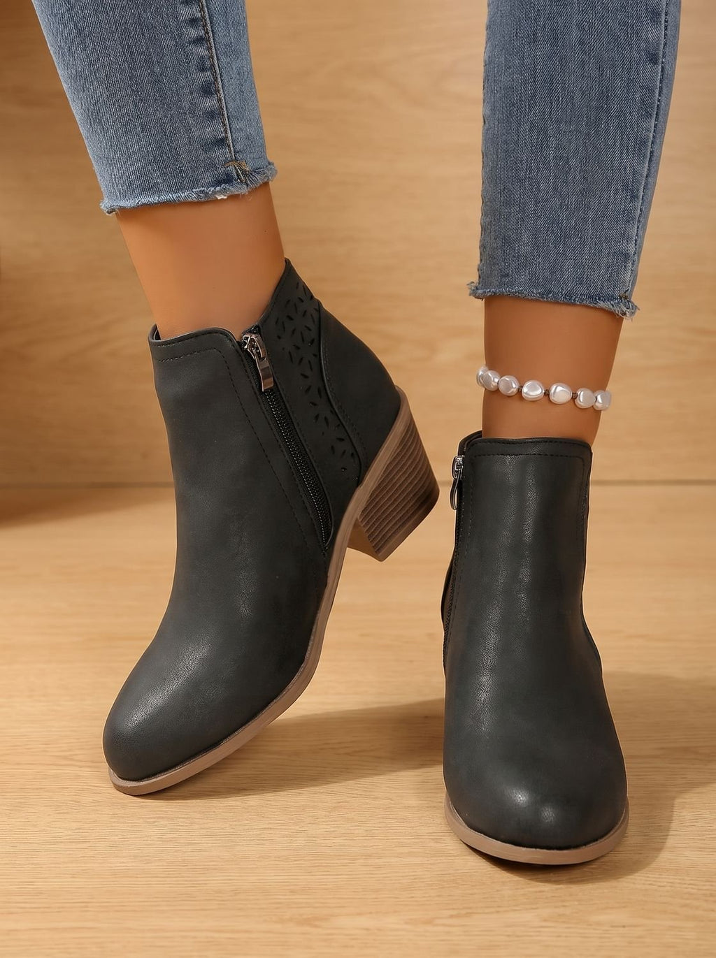Women's Orthopedic Laser-Cut Floral Block Heel Ankle Boots