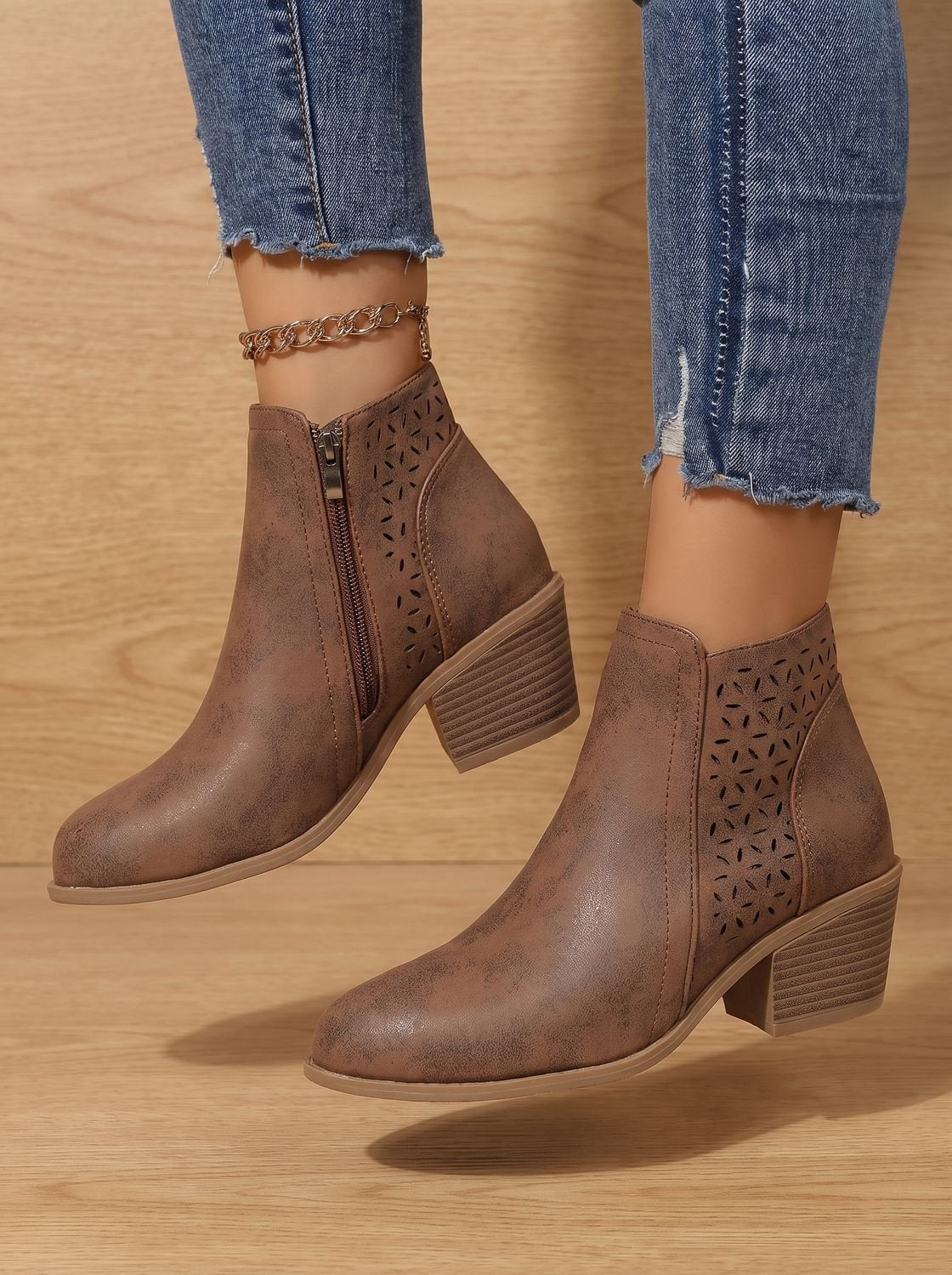 Women's Orthopedic Laser-Cut Floral Block Heel Ankle Boots - Brown