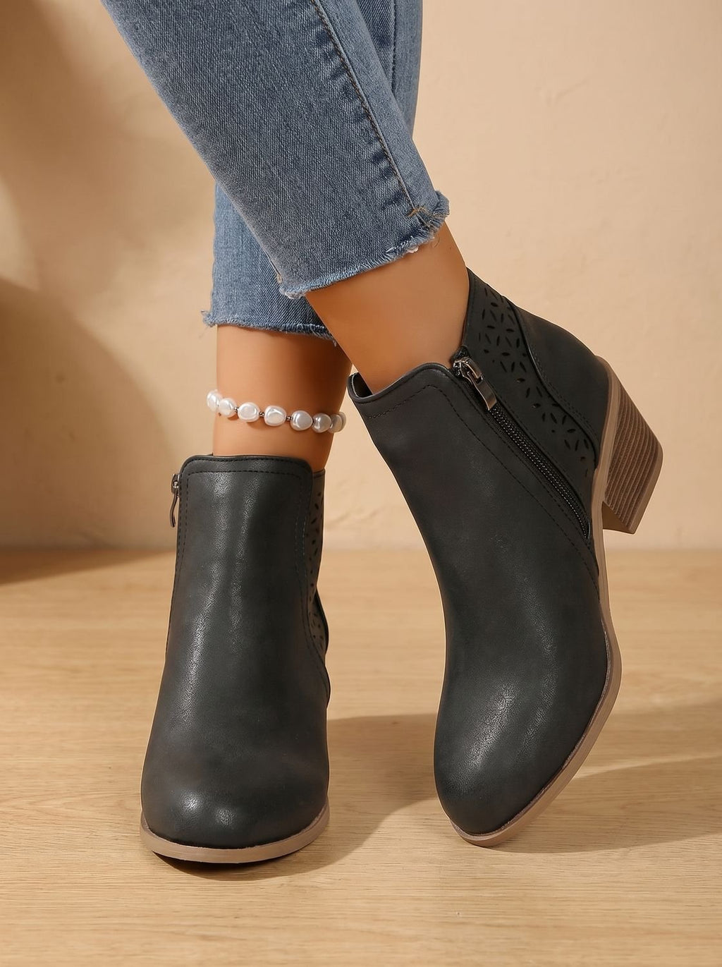 Women's Orthopedic Laser-Cut Floral Block Heel Ankle Boots