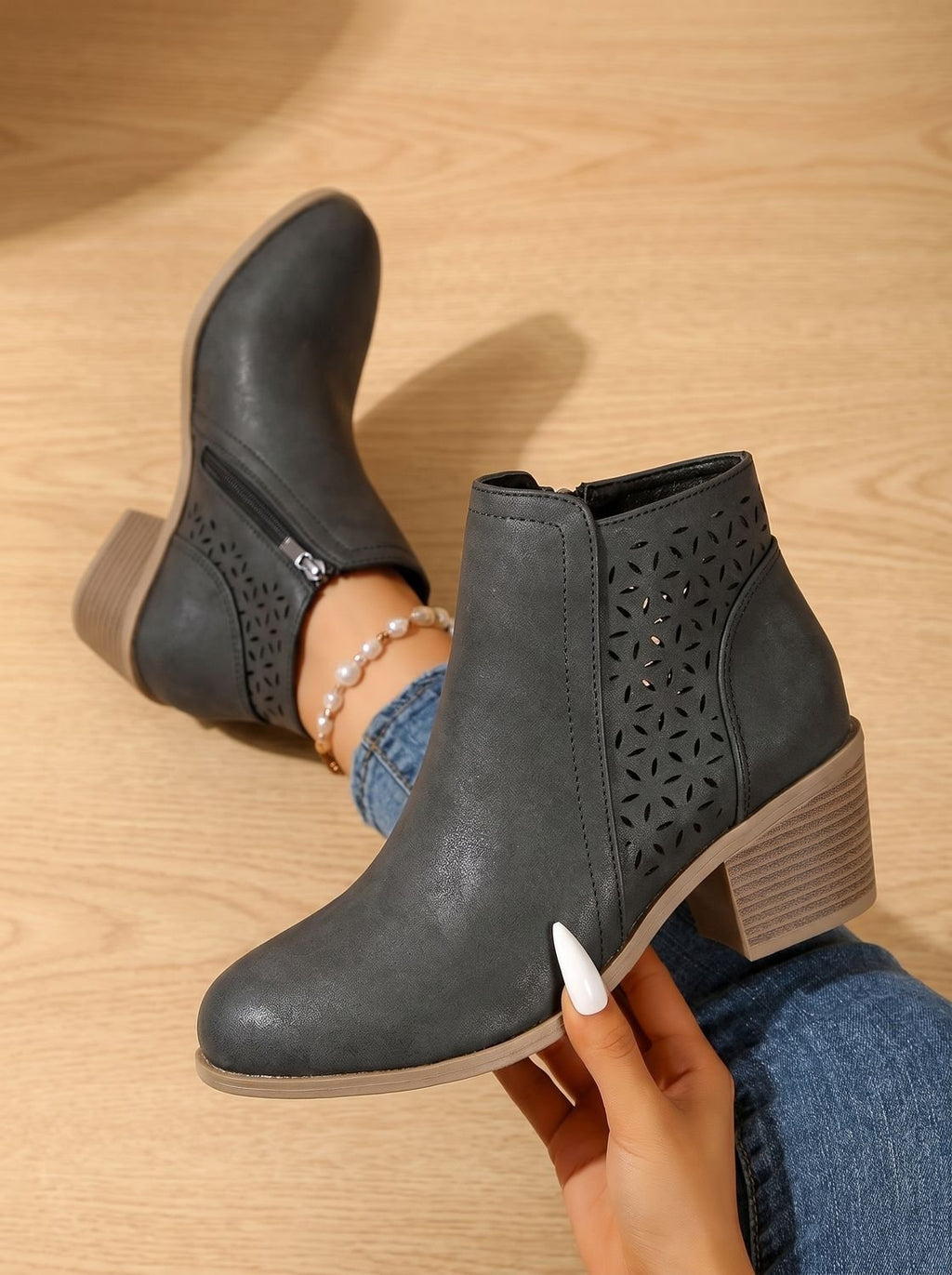 Women's Orthopedic Laser-Cut Floral Block Heel Ankle Boots