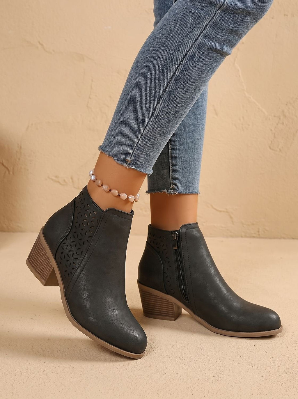 Women's Orthopedic Laser-Cut Floral Block Heel Ankle Boots