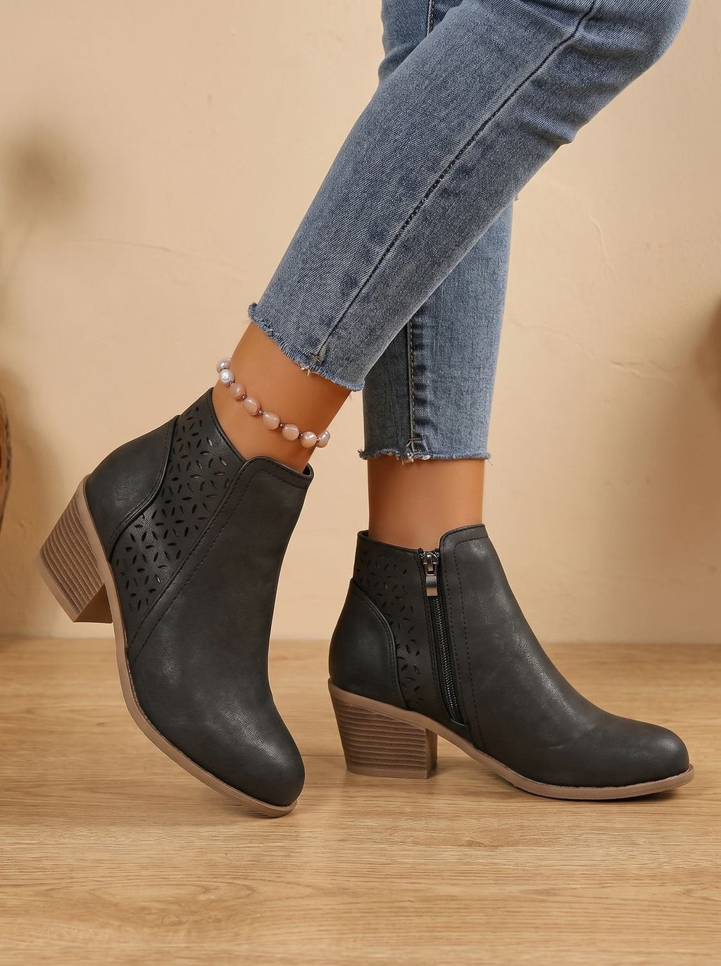 Women's Orthopedic Laser-Cut Floral Block Heel Ankle Boots