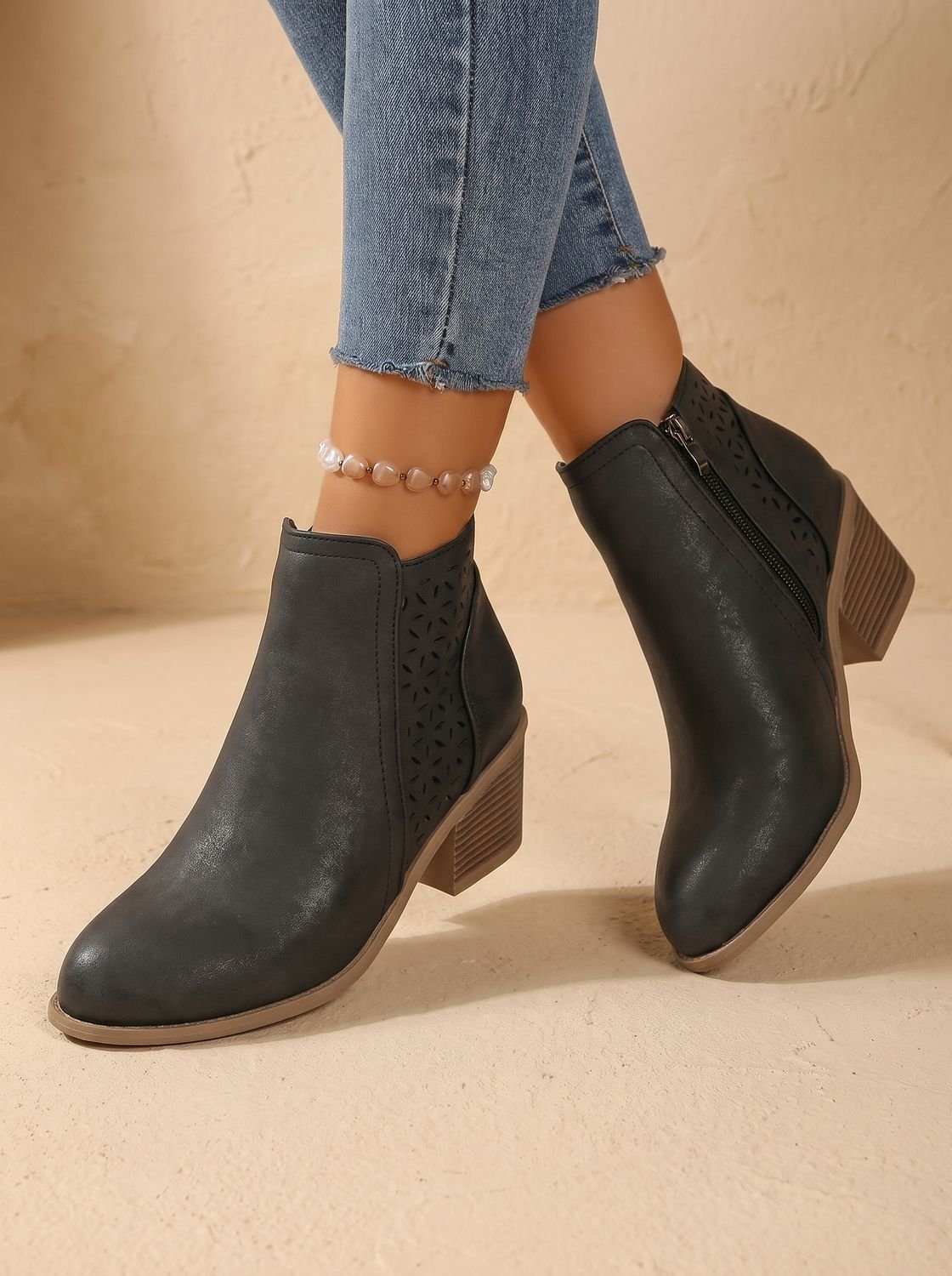 Women's Orthopedic Laser-Cut Floral Block Heel Ankle Boots