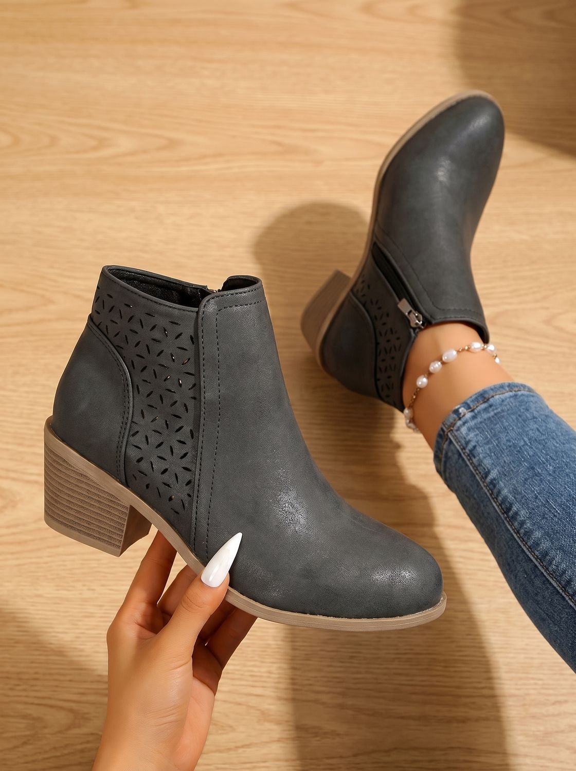Women's Orthopedic Laser-Cut Floral Block Heel Ankle Boots - Black