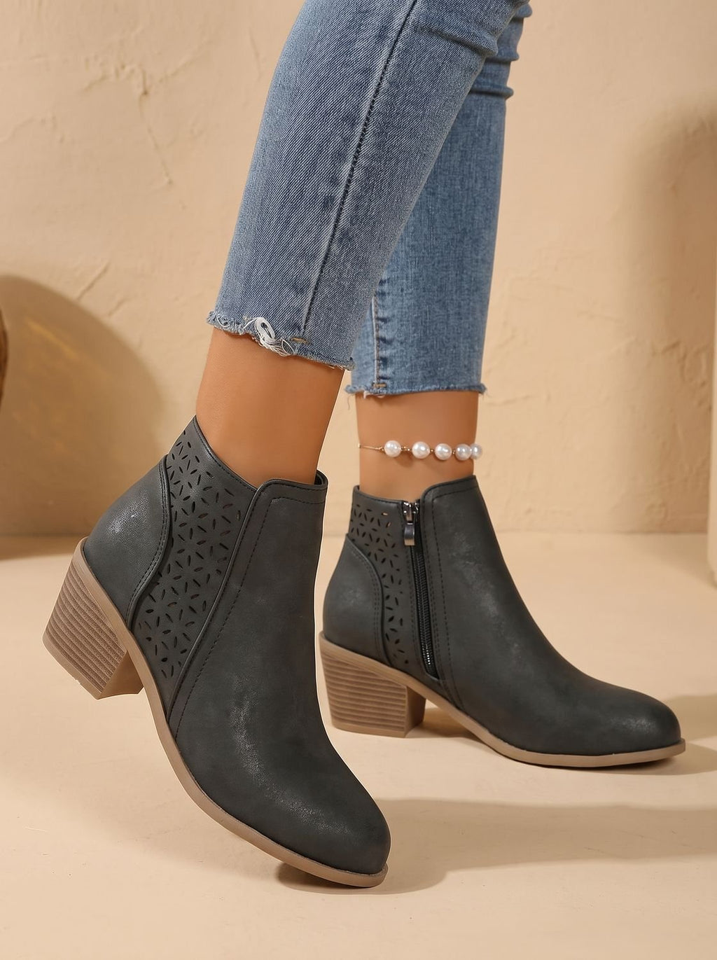 Women's Orthopedic Laser-Cut Floral Block Heel Ankle Boots