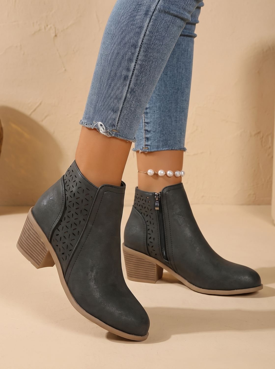 Women's Orthopedic Laser-Cut Floral Block Heel Ankle Boots