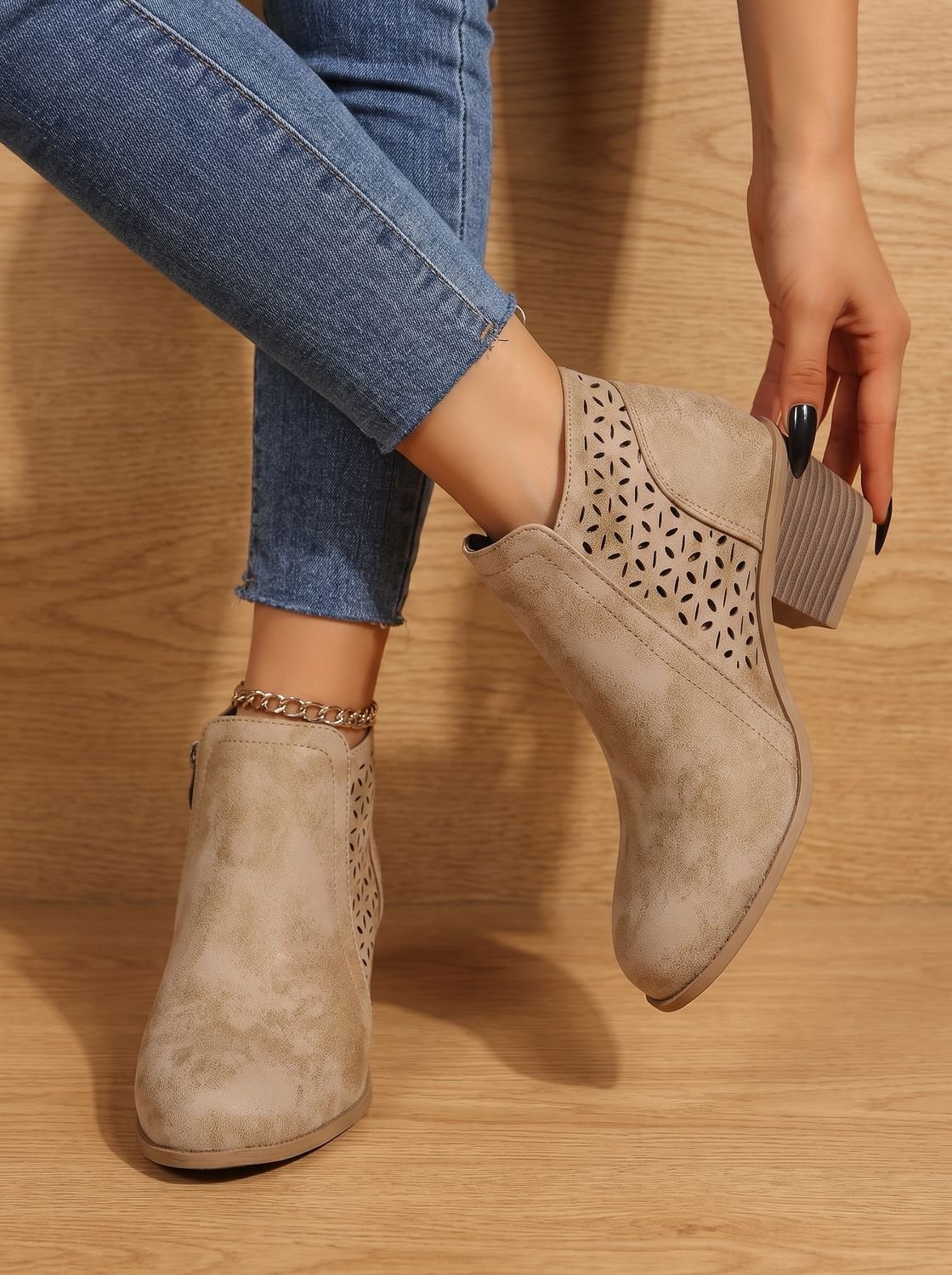 Women's Orthopedic Laser-Cut Floral Block Heel Ankle Boots - Beige