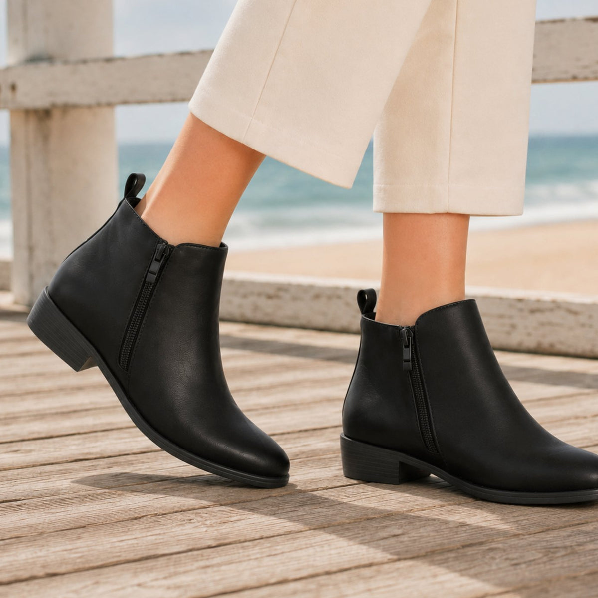 Women's Orthopedic Side-Zip Stacked Heel Ankle Boots - Black
