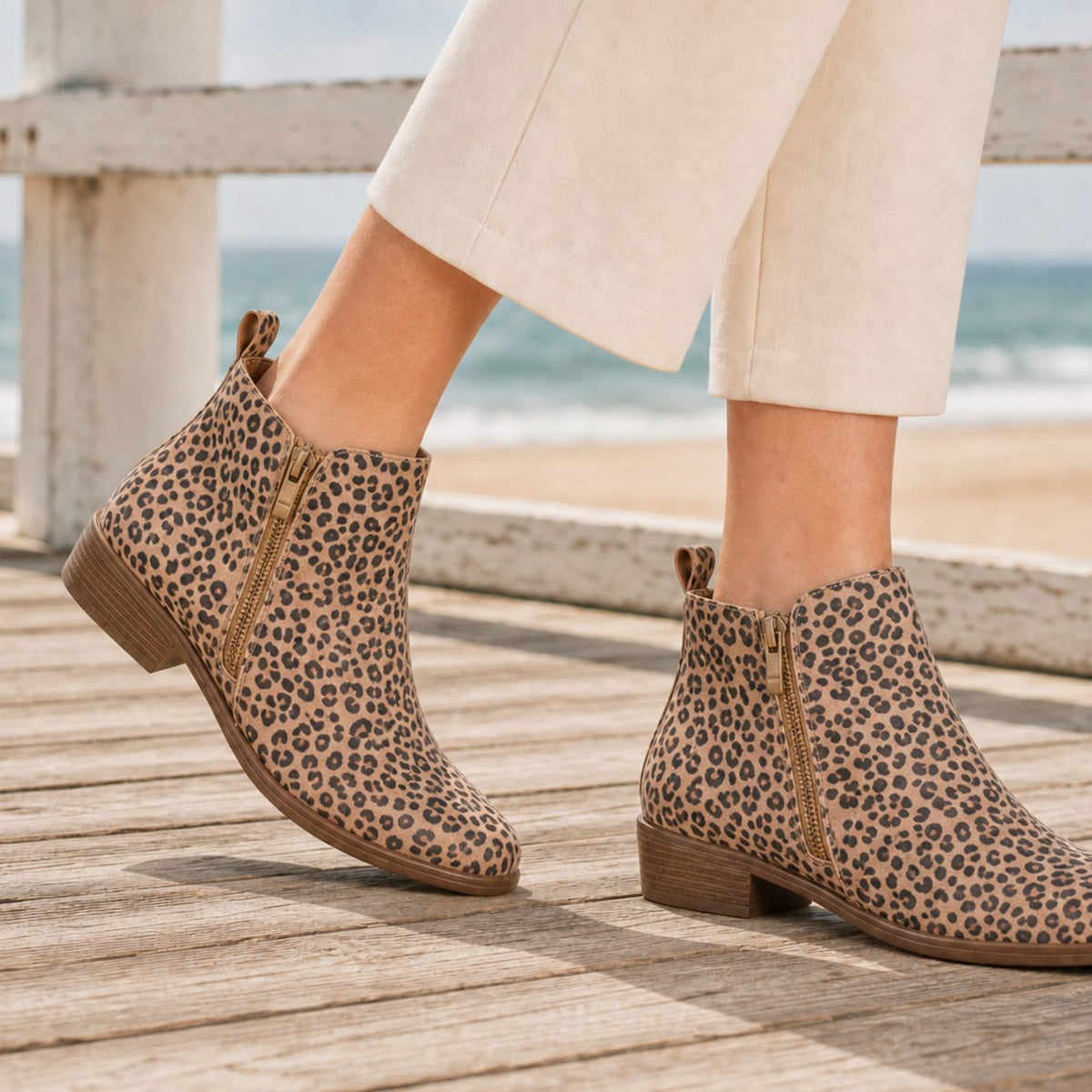 Women's Orthopedic Side-Zip Stacked Heel Ankle Boots - Leopard