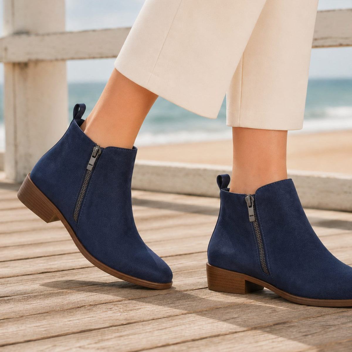 Women's Orthopedic Side-Zip Stacked Heel Ankle Boots - Blue