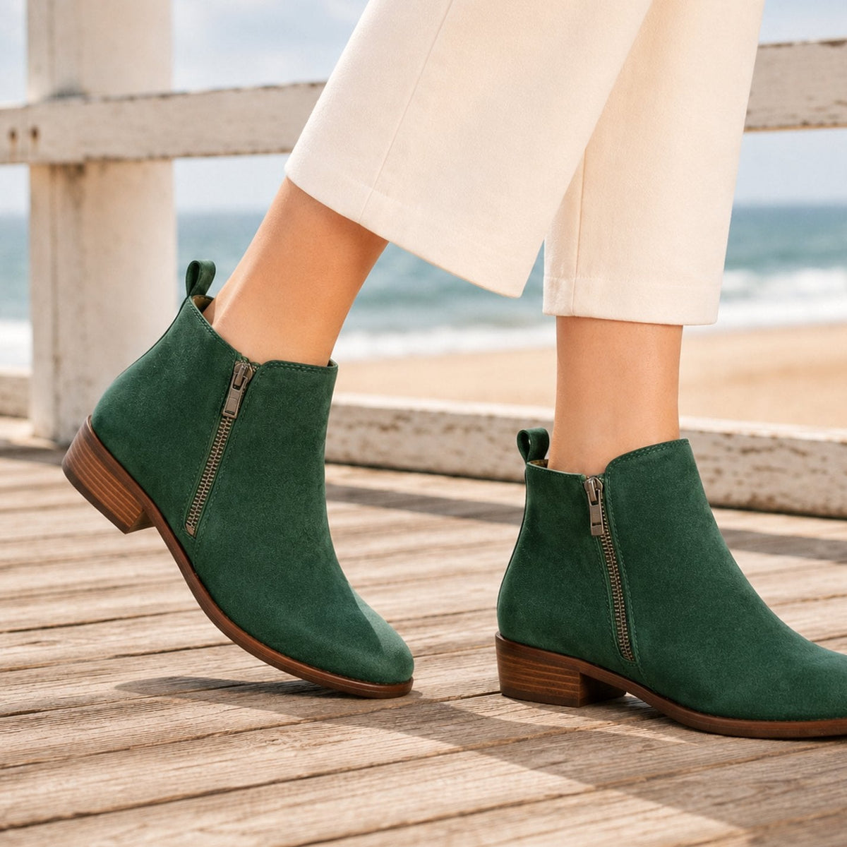 Women's Orthopedic Side-Zip Stacked Heel Ankle Boots - Green