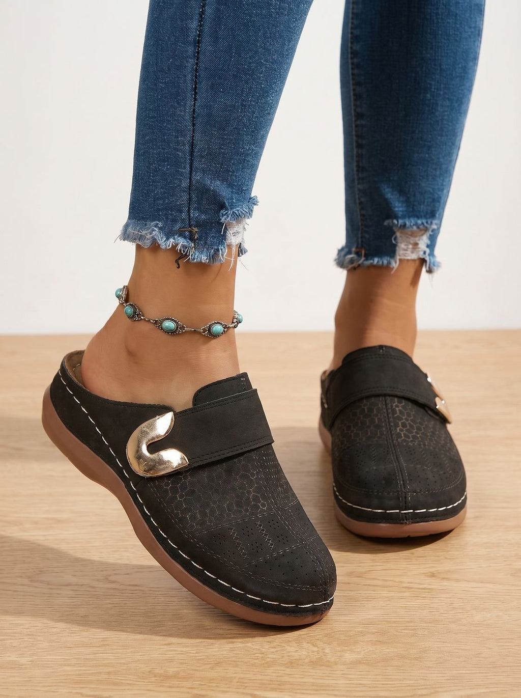 Women's Orthopedic Hook-and-Loop Mule Clogs - Black