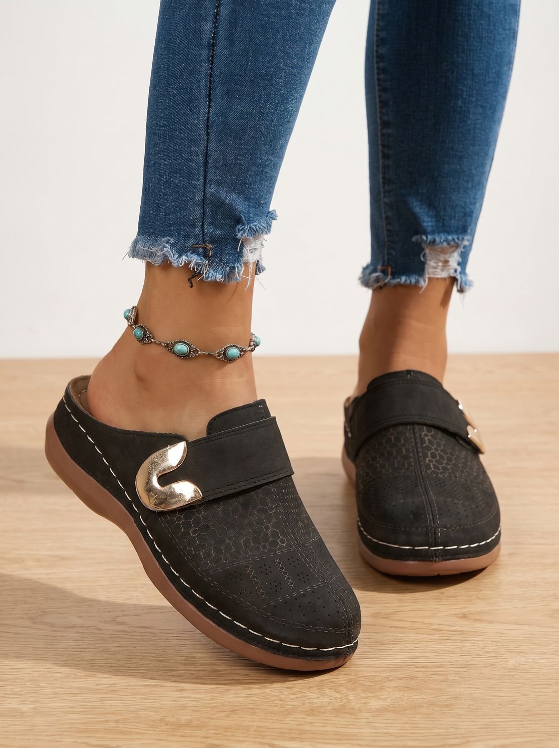 Women's Orthopedic Hook-and-Loop Mule Clogs - Black