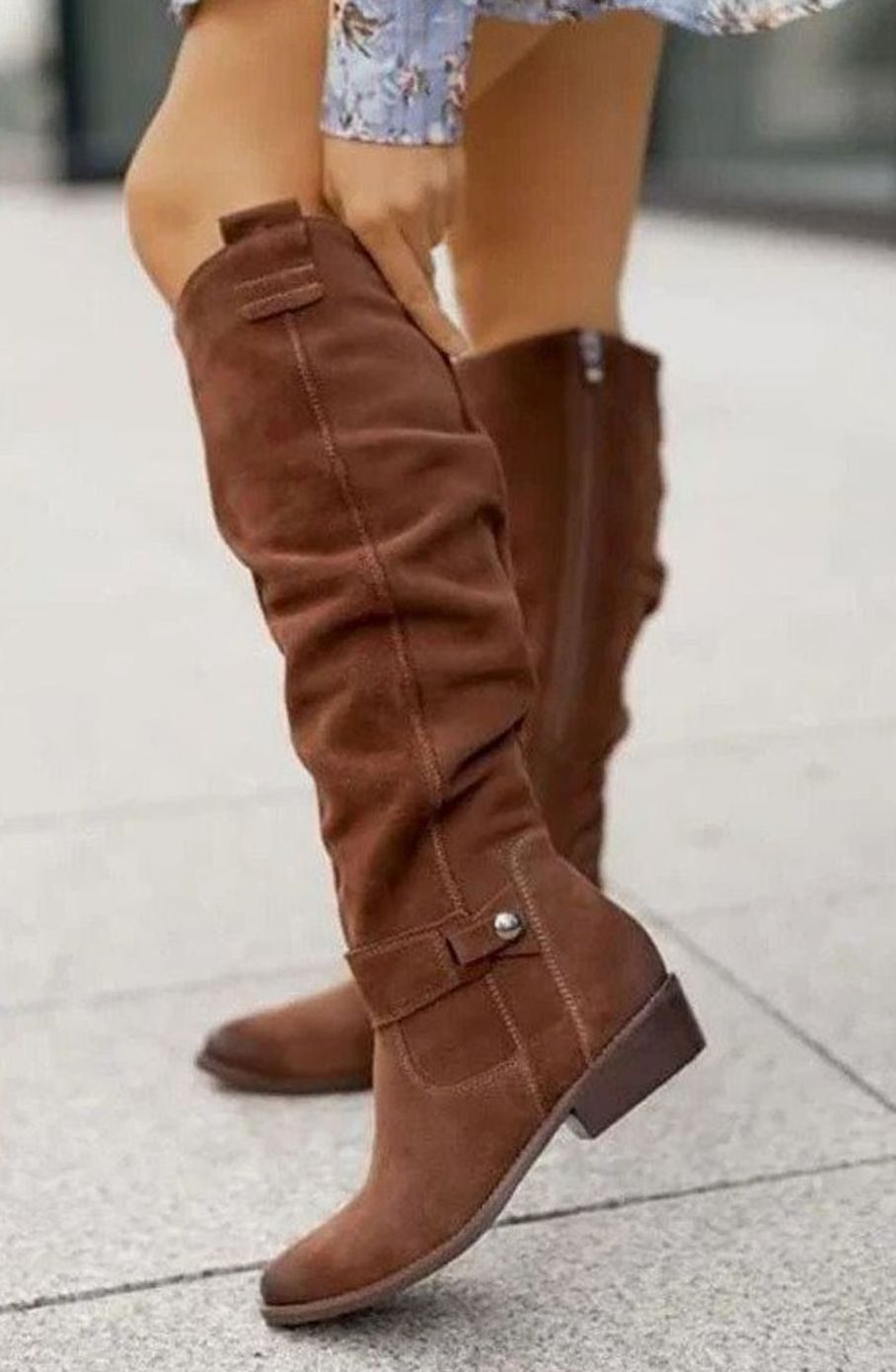 Women's Side-Zip Suede-Look Boots with Buckle Strap - Beige