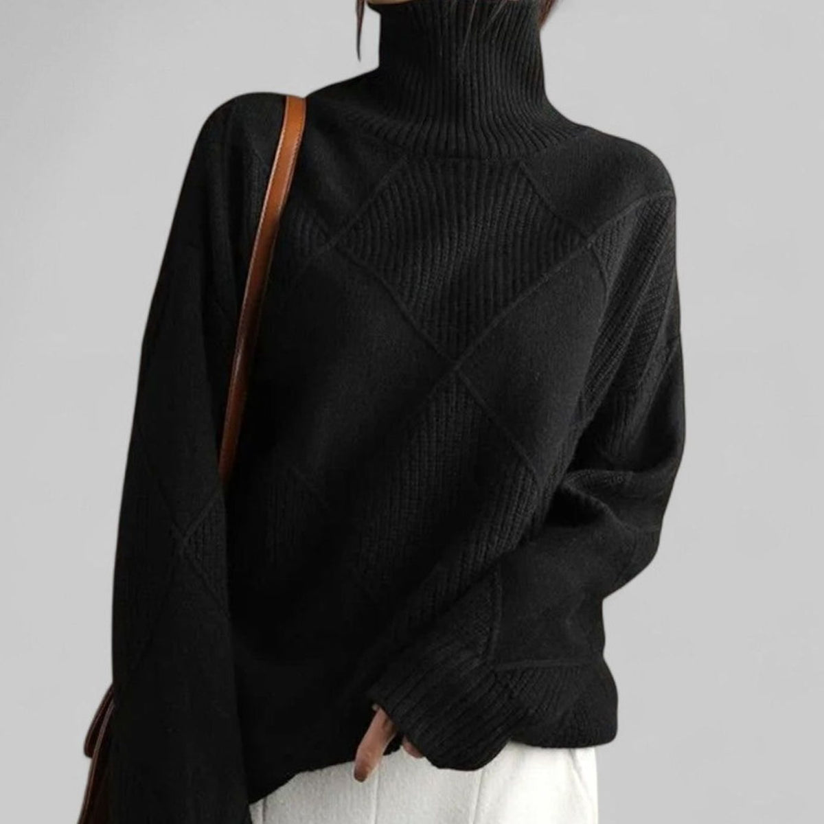 Women's Oversized Argyle Knit Turtleneck Sweater - Black