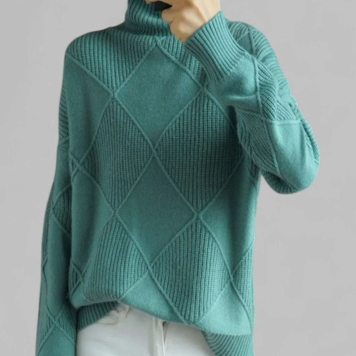 Women's Oversized Argyle Knit Turtleneck Sweater - Turquoise