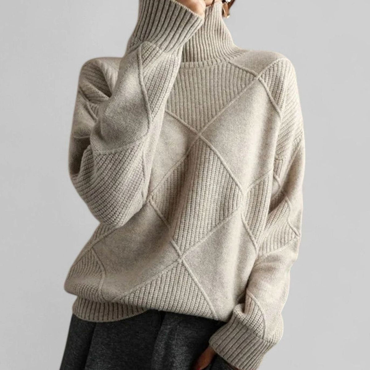 Women's Oversized Argyle Knit Turtleneck Sweater - Gray