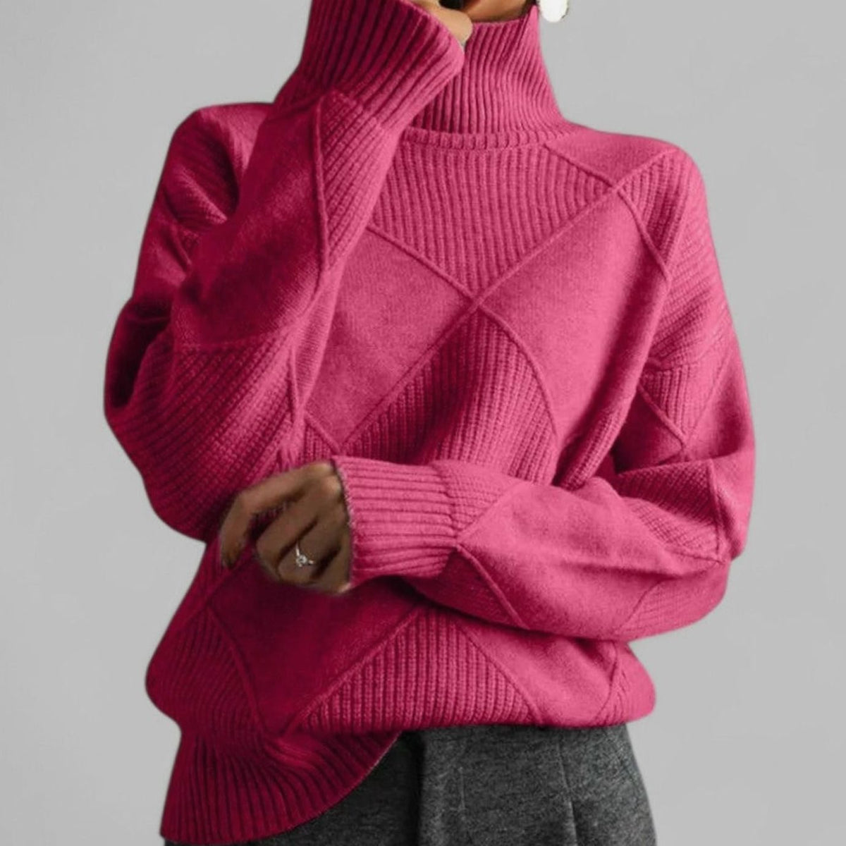 Women's Oversized Argyle Knit Turtleneck Sweater - Pink