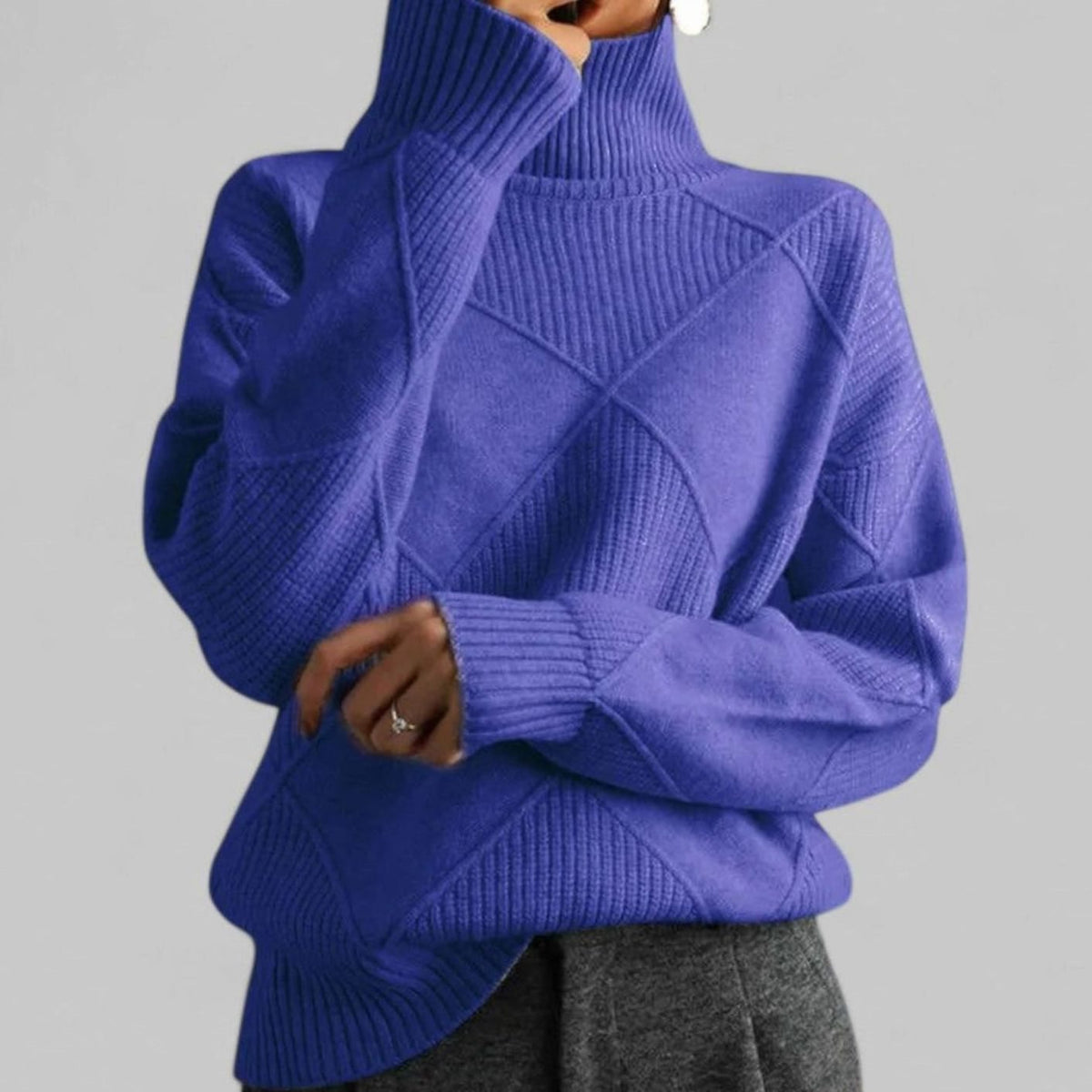 Women's Oversized Argyle Knit Turtleneck Sweater - Purple