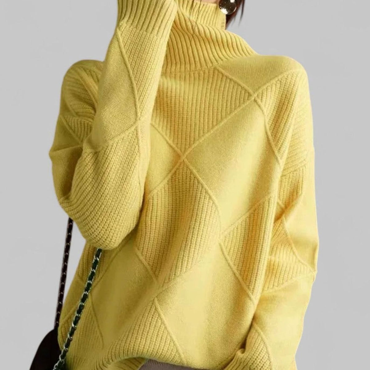 Women's Oversized Argyle Knit Turtleneck Sweater - Yellow