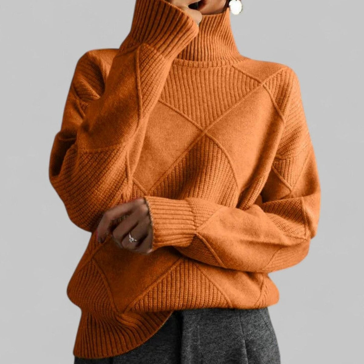 Women's Oversized Argyle Knit Turtleneck Sweater - Orange