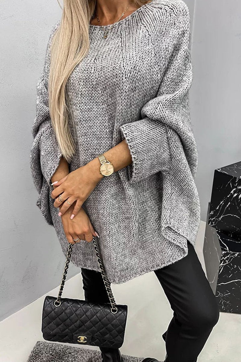 Women's Batwing Sleeve Crewneck Knit Sweater - Gray