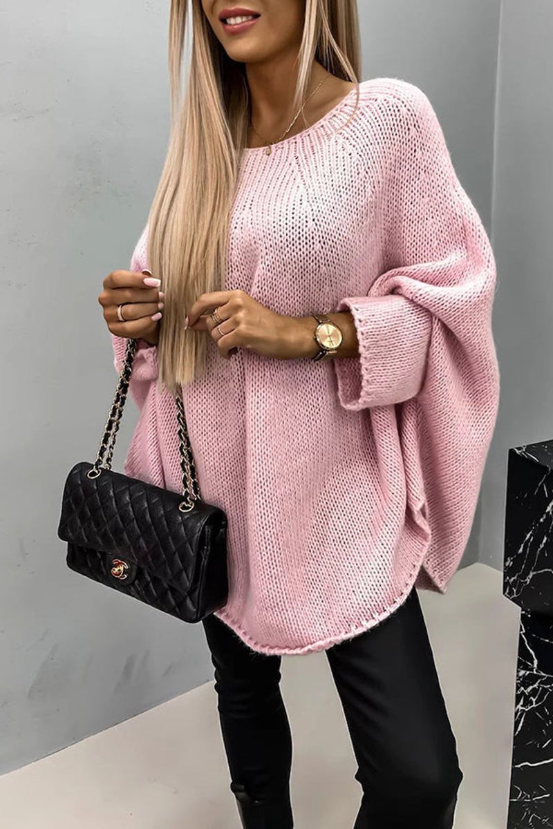 Women's Batwing Sleeve Crewneck Knit Sweater - Pink