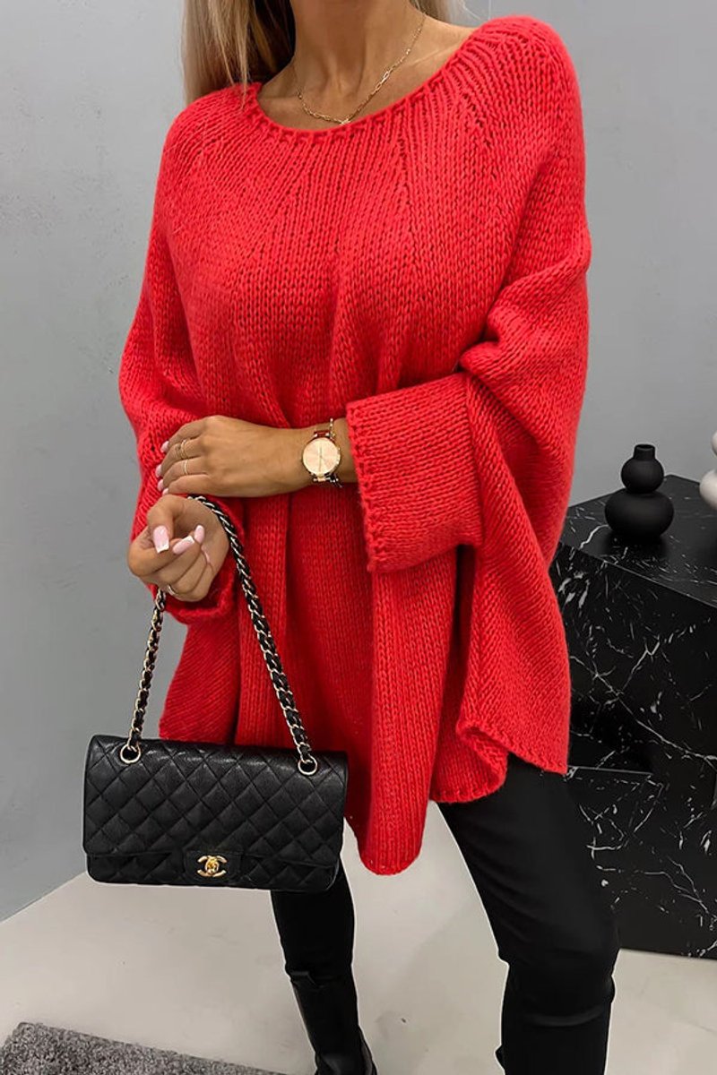 Women's Batwing Sleeve Crewneck Knit Sweater - Red