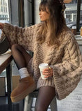 Women's Oversized Cable-Knit Chunky Crewneck Sweater - Khaki