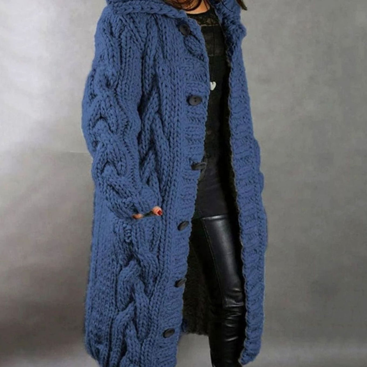 Women's Oversized Cable-Knit Hooded Button Cardigan - Blue